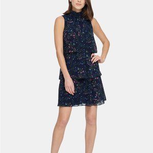 DKNY S/L High Neck Shift with Tiered Skirt